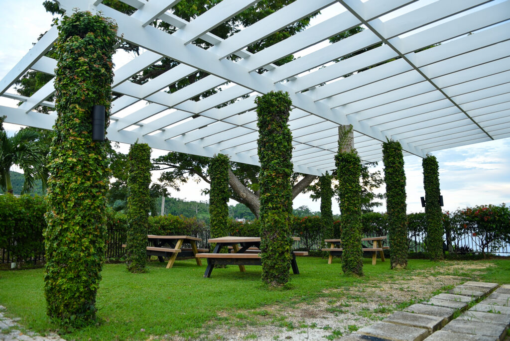 White pergola with vine-wrapped columns over picnic tables on a green lawn